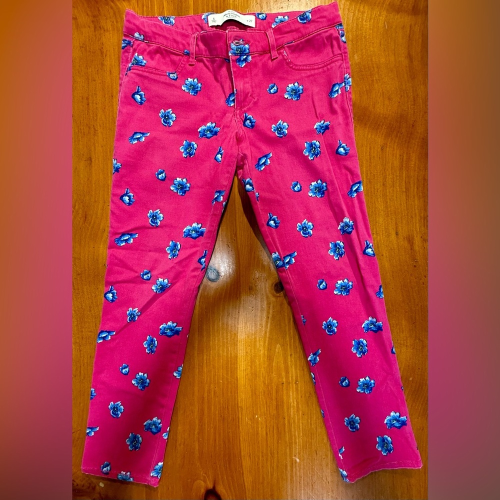 Abercrombie & Fitch Pink Jeans with Blue Floral Pattern